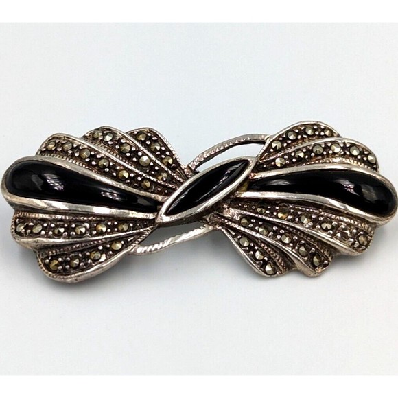 Sterling Silver Bow Brooch Onyx Inlay Marcasite 925 Vintage Ribbon Pin